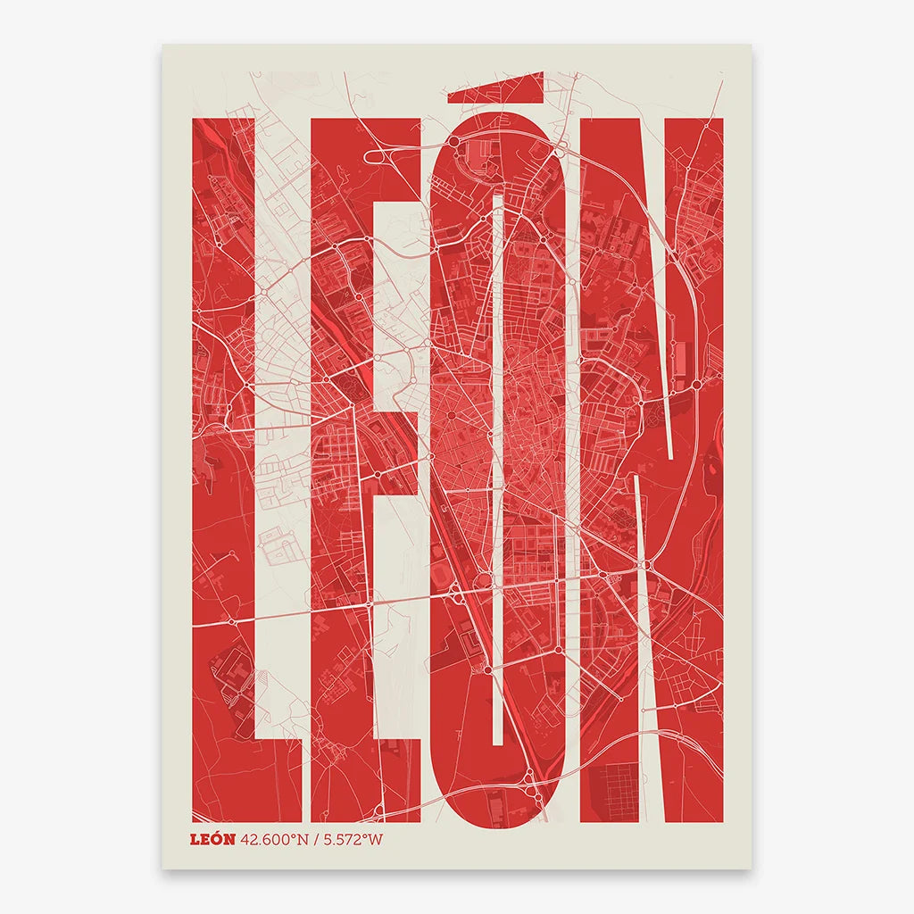 Decorative map of Leon and letters of its name in a giclée print designed in red and an off-white background