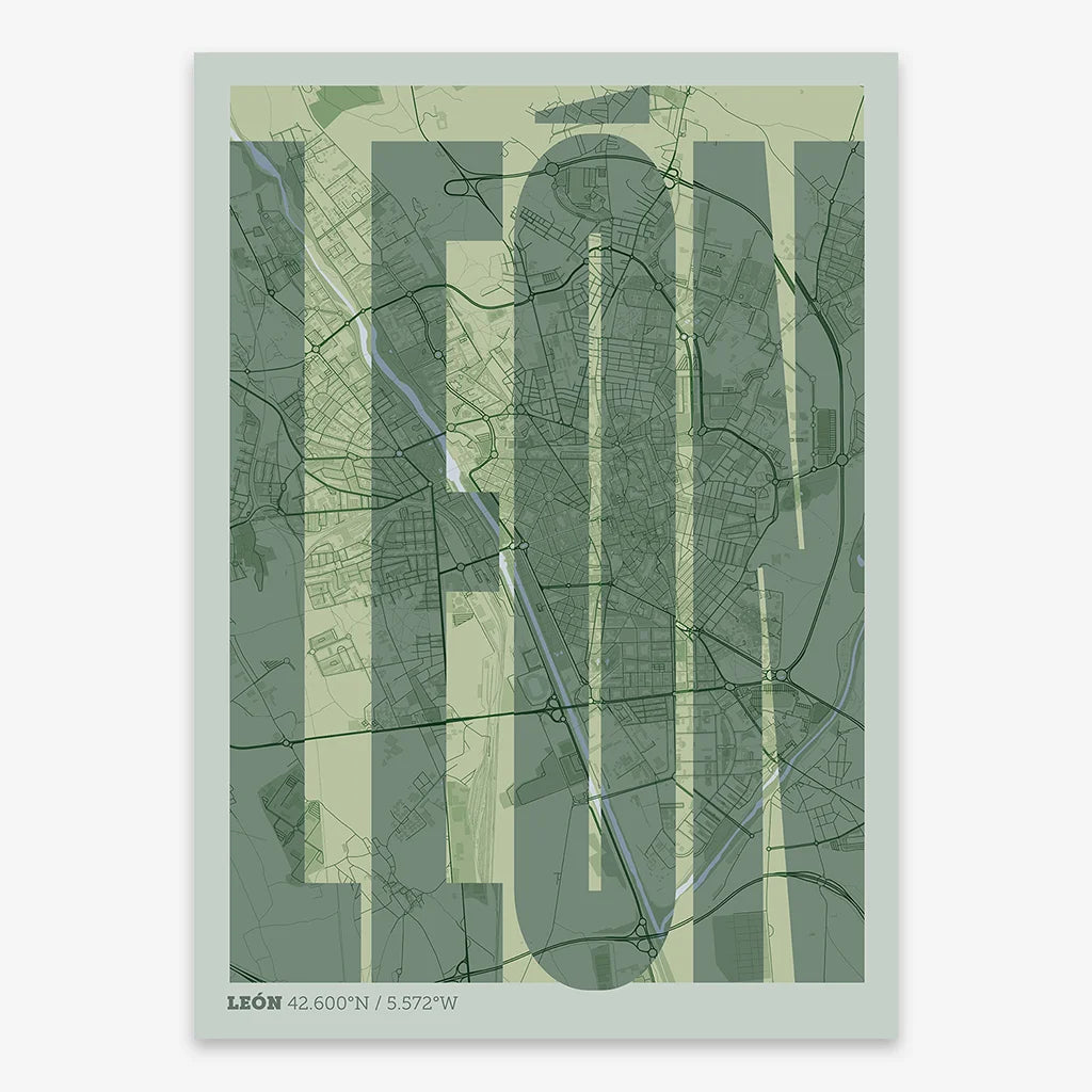 Decorative map of Leon and letters of its name in a giclée print designed in two green tones