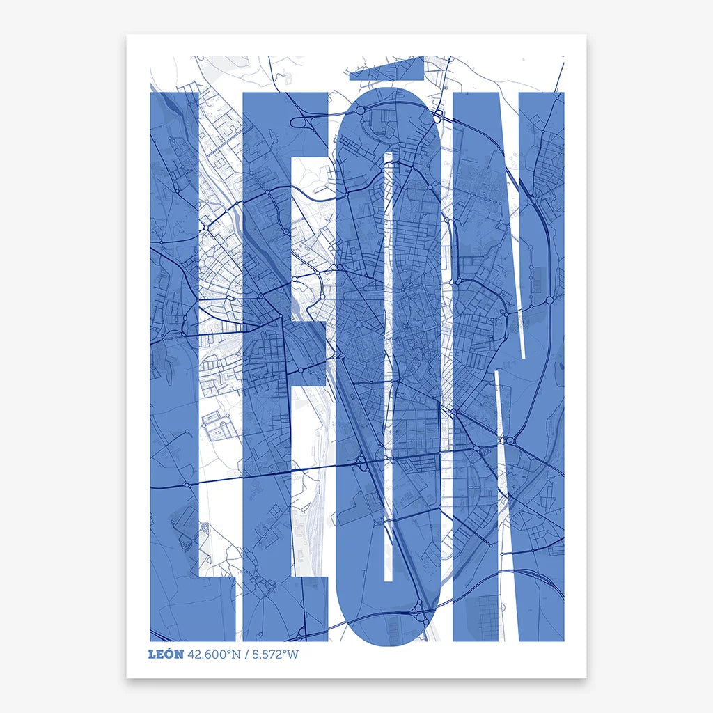 Decorative map of Leon and letters of its name in a giclée print designed in navy blue and white
