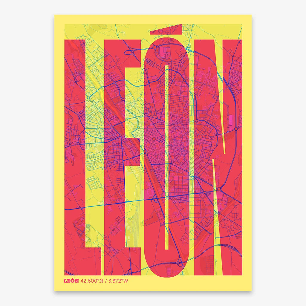 Decorative map of Leon and letters of its name in a giclée print designed in yellow and fuchsia