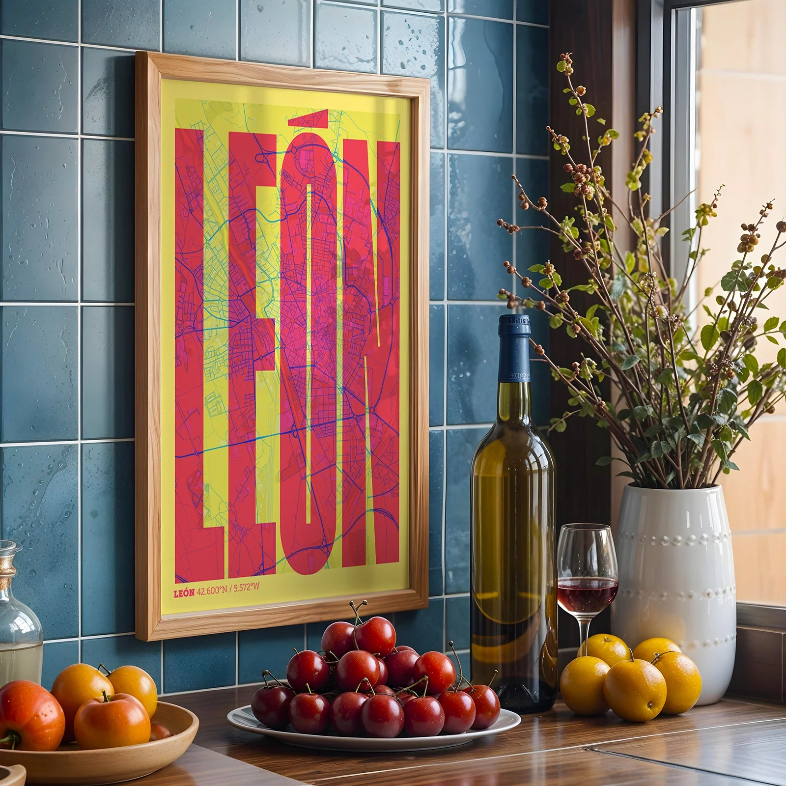 Modern interior design with a Leon in Extra Compressed design, where the letters are tightly squeezed to fit the city's map shape designed in yellow and fuchsia, displayed on a living room wall