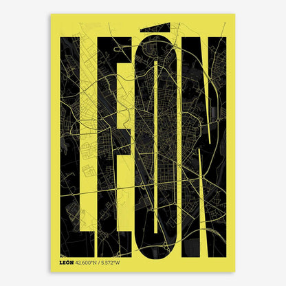 The map of Leon and letters of its name in a giclée print designed in black and yellow