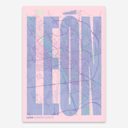 The map of Leon and letters of its name in a giclée print designed in pink and light blue