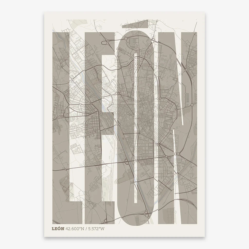 Decorative map of Leon and letters of its name in a giclée print designed in light brown and an off-white background