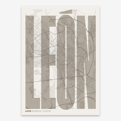 The map of Leon and letters of its name in a giclée print designed in light brown and an off-white background