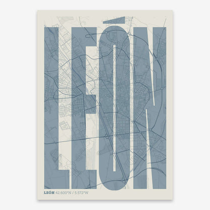The map of Leon and letters of its name in a giclée print designed in bluish gray and an off-white background