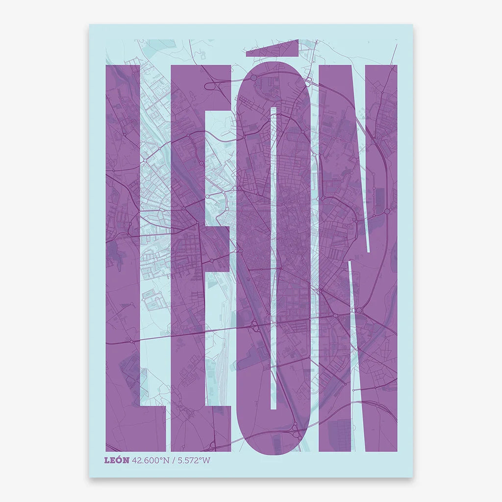 Decorative map of Leon and letters of its name in a giclée print designed in purple and light blue