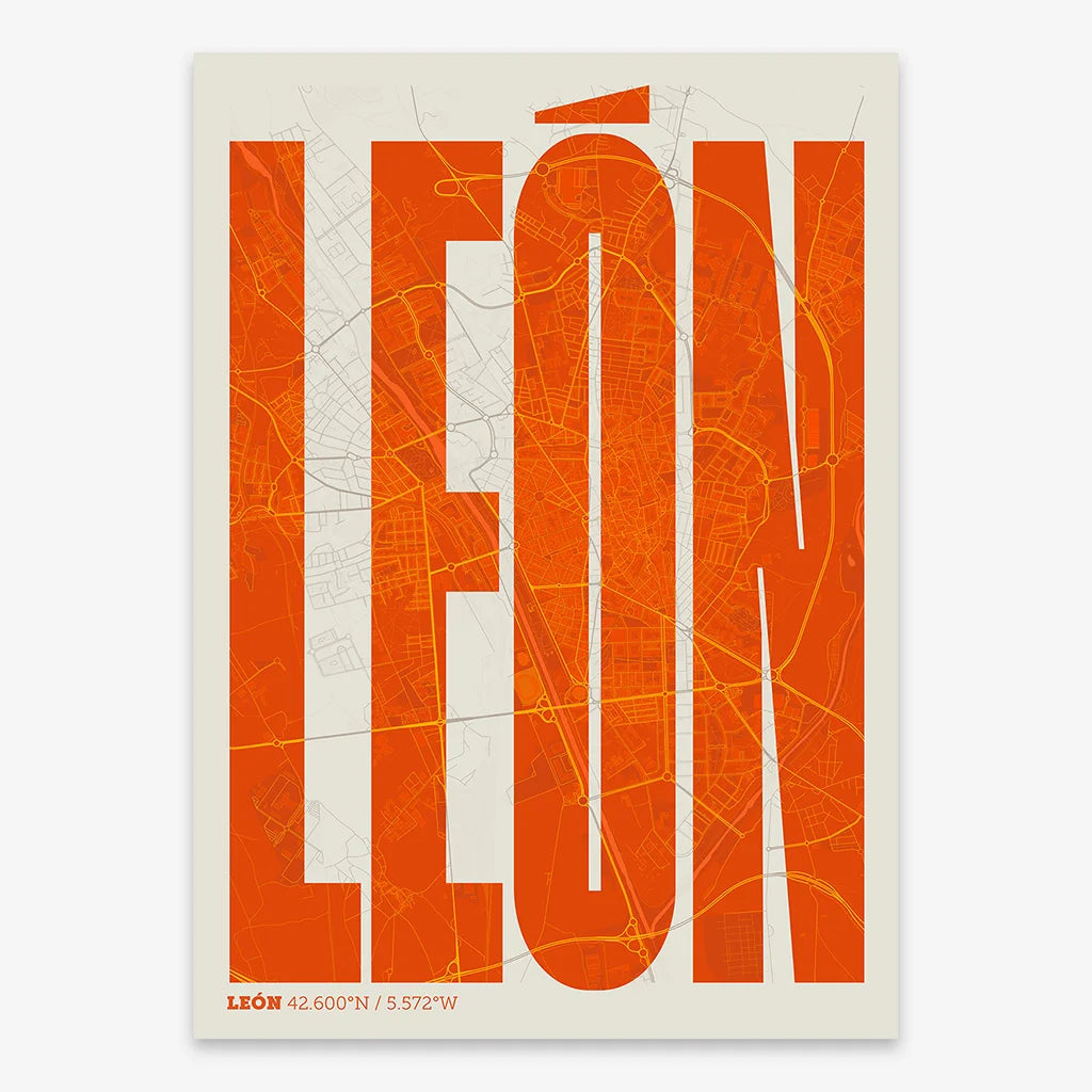 Decorative map of Leon and letters of its name in a giclée print designed in orange and an off-white background