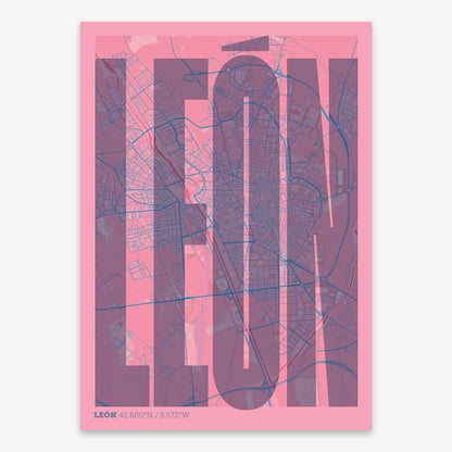The map of Leon and letters of its name in a giclée print designed in violet y pink background