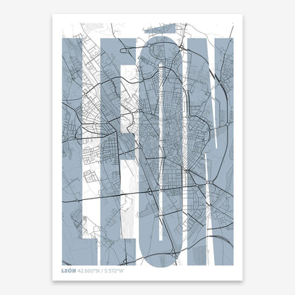 The map of Leon and letters of its name in a giclée print designed in black and white