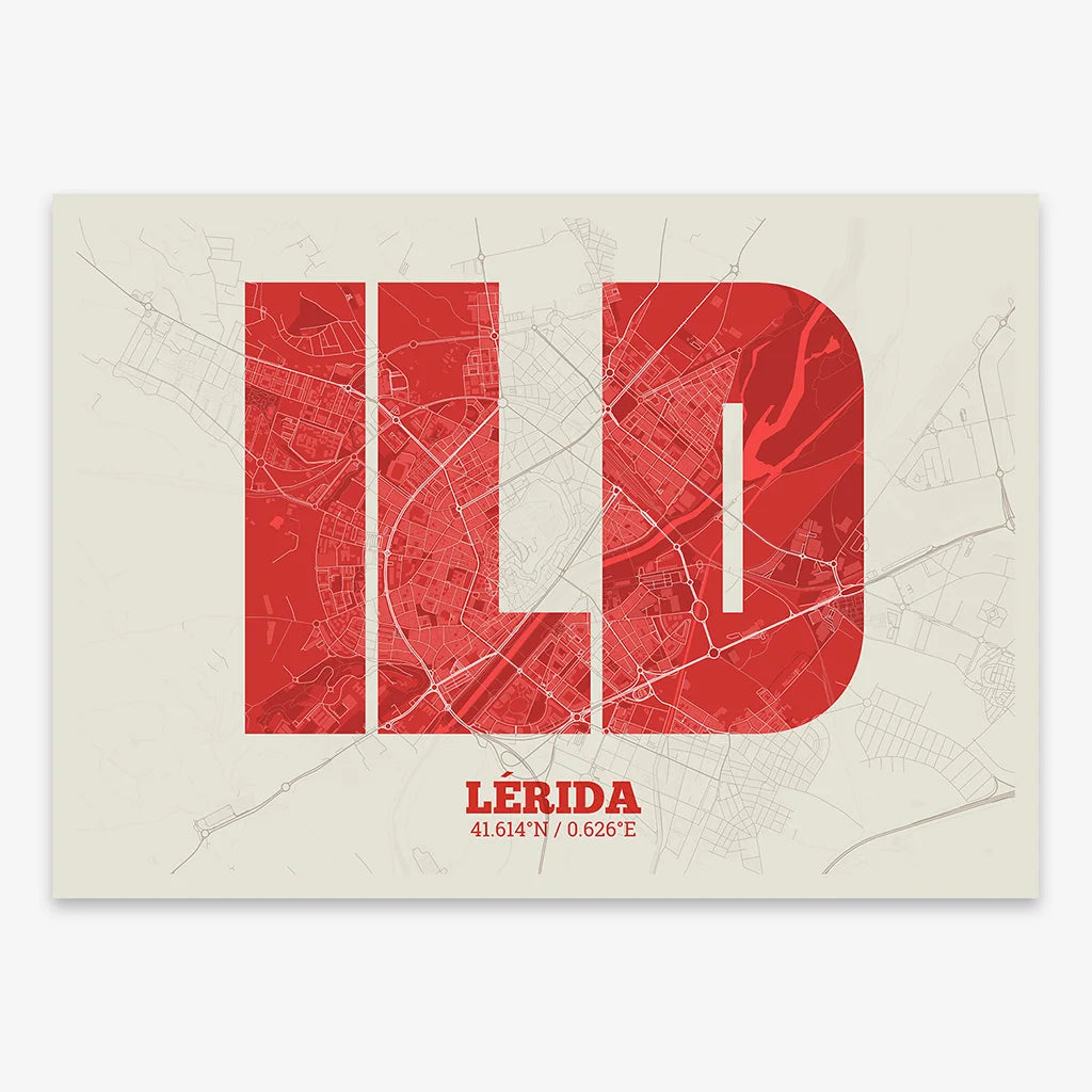 Decorative print of Lerida composed with letters in a heavy geometric font printed on red and an off-white background