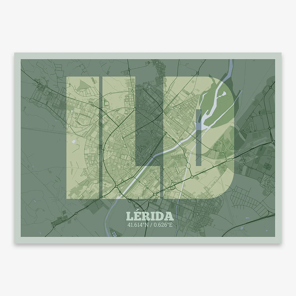 Decorative print of Lerida composed with letters in a heavy geometric font printed on two green tones