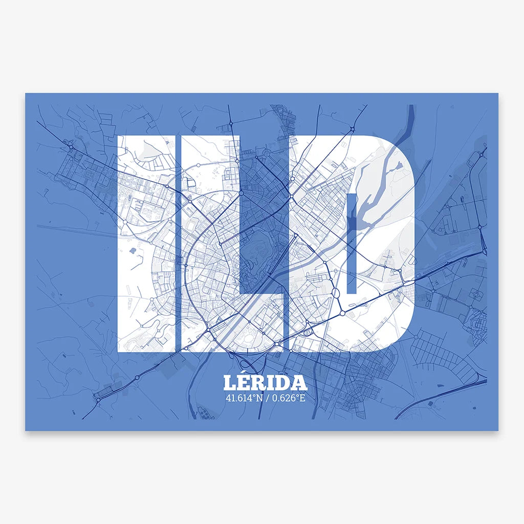 Decorative print of Lerida composed with letters in a heavy geometric font printed on navy blue and white