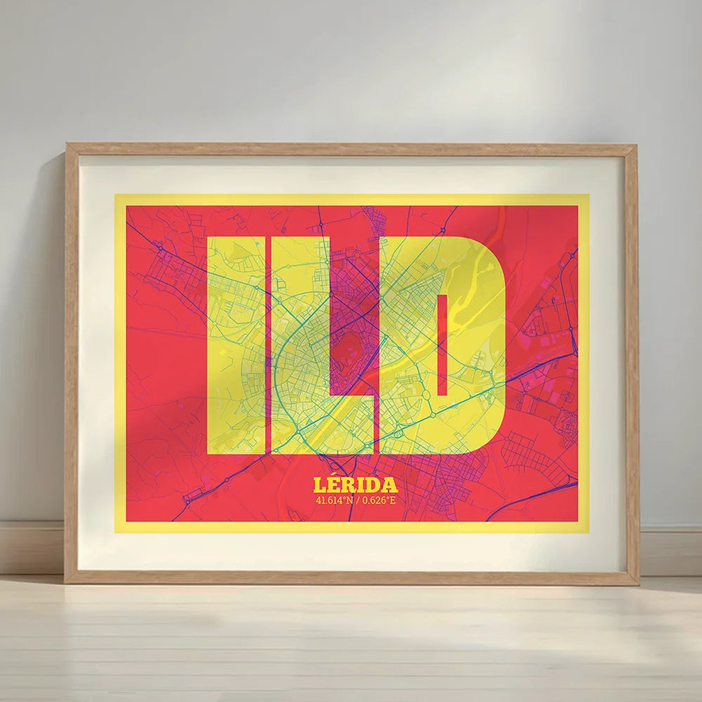Framed Lerida in Super Bold design, a typographic poster where the city map is overlaid with extra-thick lettering for a modern, high-impact look designed in yellow and fuchsia with a white margin border in a warm lit minimalist setting