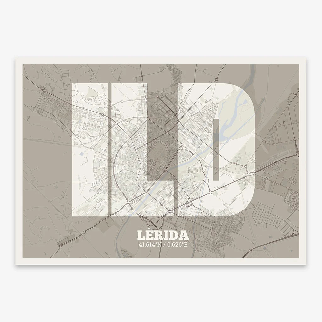 Decorative print of Lerida composed with letters in a heavy geometric font printed on light brown and an off-white background