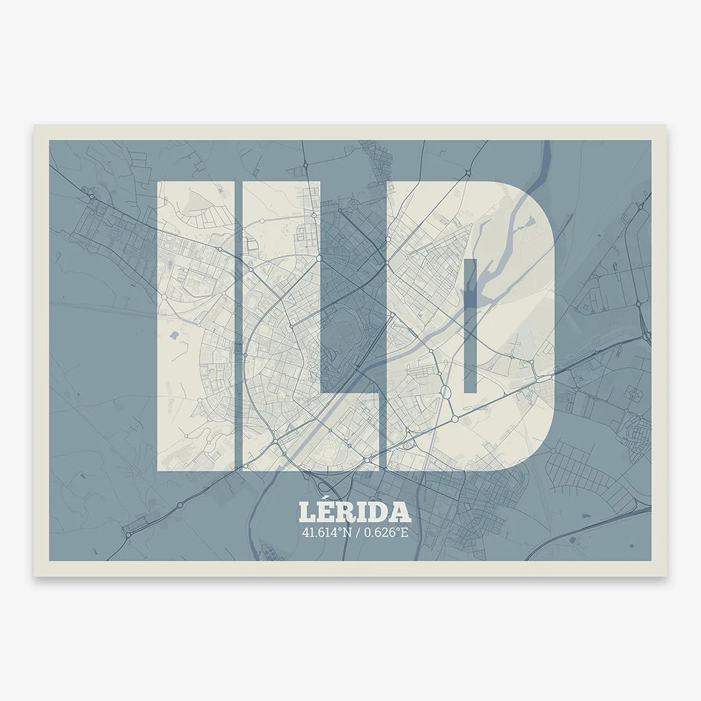 Decorative print of Lerida composed with letters in a heavy geometric font printed on bluish gray and an off-white background
