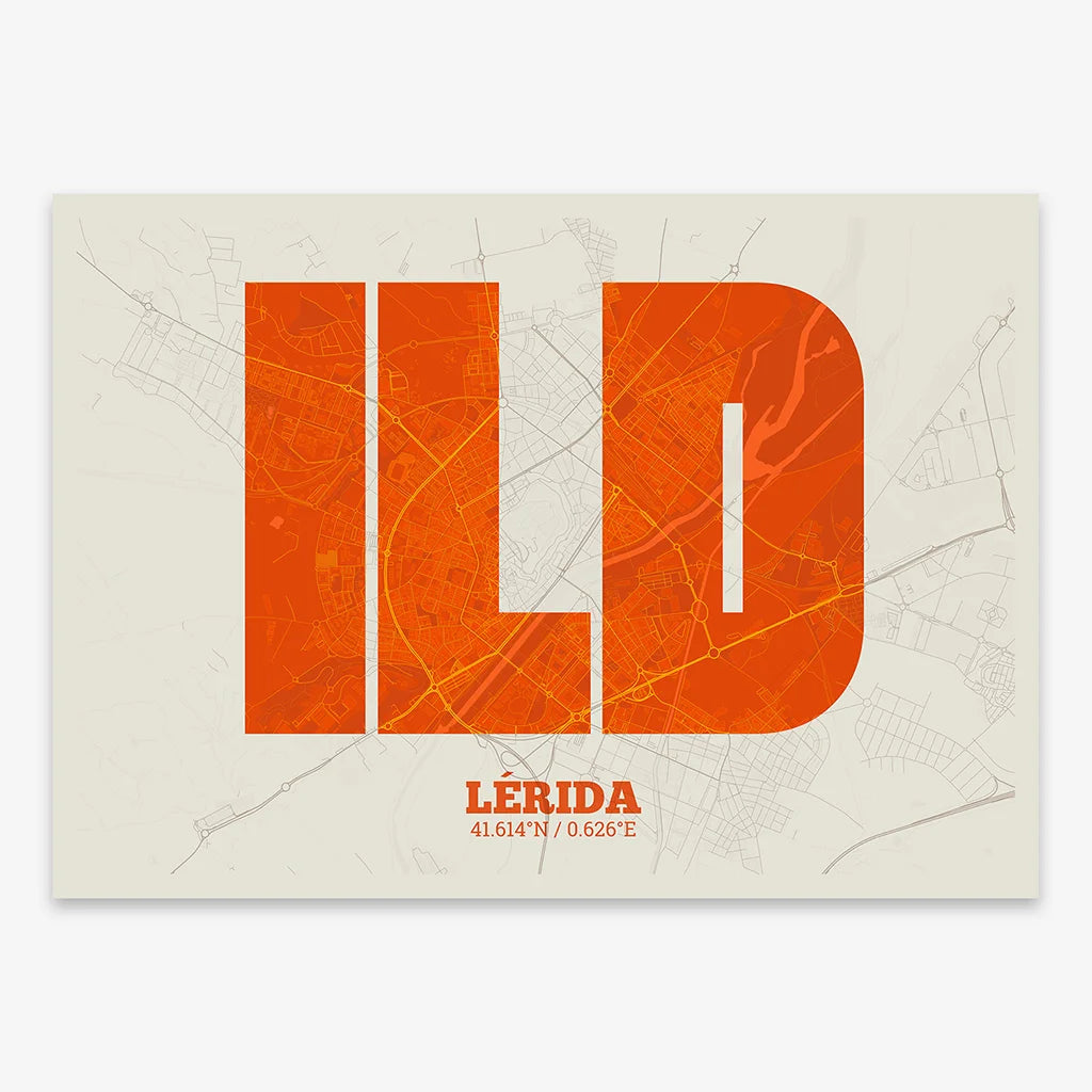 Decorative print of Lerida composed with letters in a heavy geometric font printed on orange and an off-white background