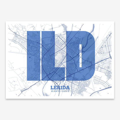 The map of Lerida composed with letters in a heavy geometric font printed on navy blue and white