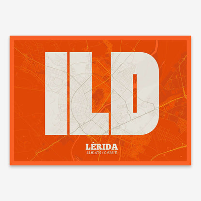 The map of Lerida composed with letters in a heavy geometric font printed on orange and an off-white background
