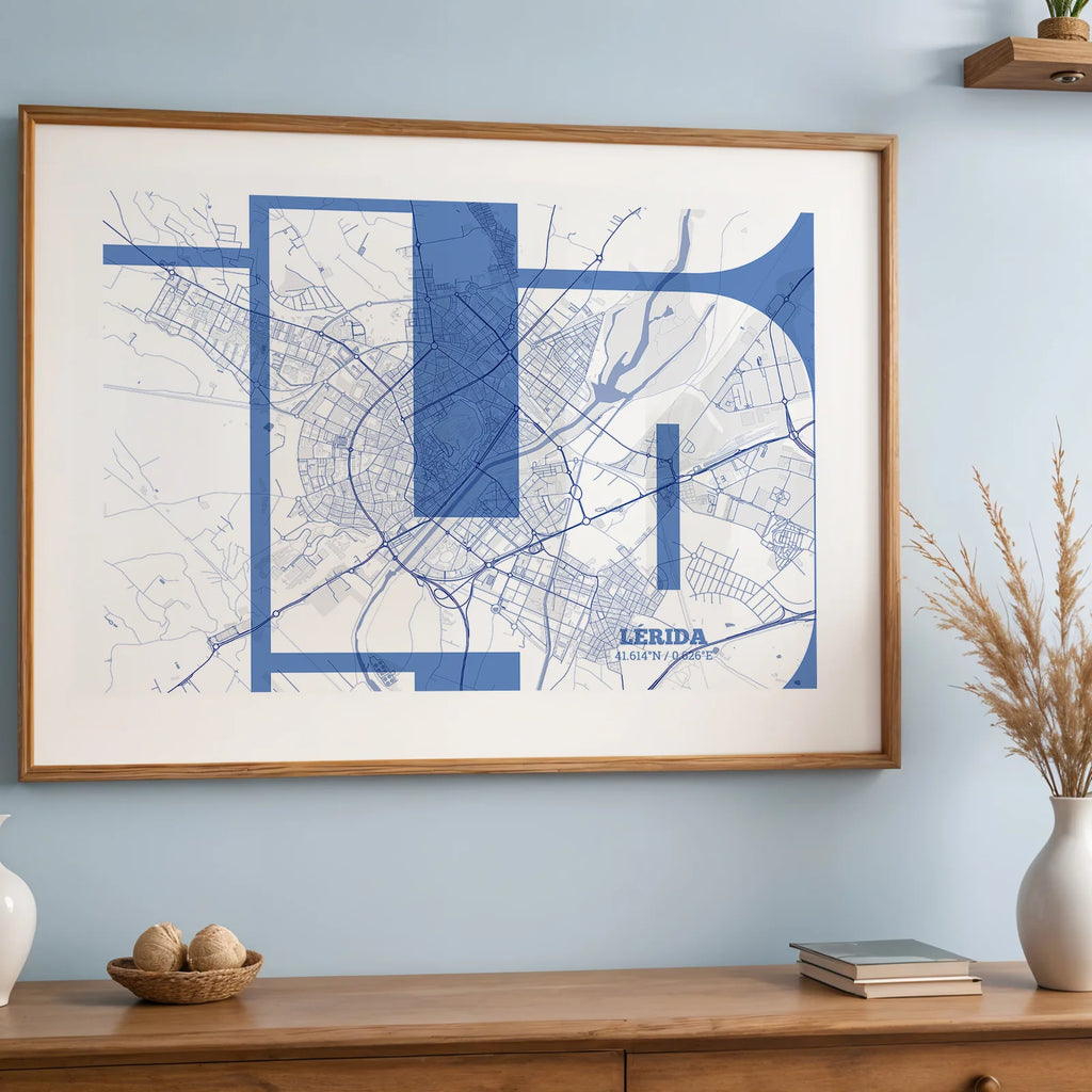 Modern interior design with a Lerida in Inseparable design, featuring the city's abbreviation in expressive typography over a detailed urban map designed in navy blue and white, displayed on a living room wall
