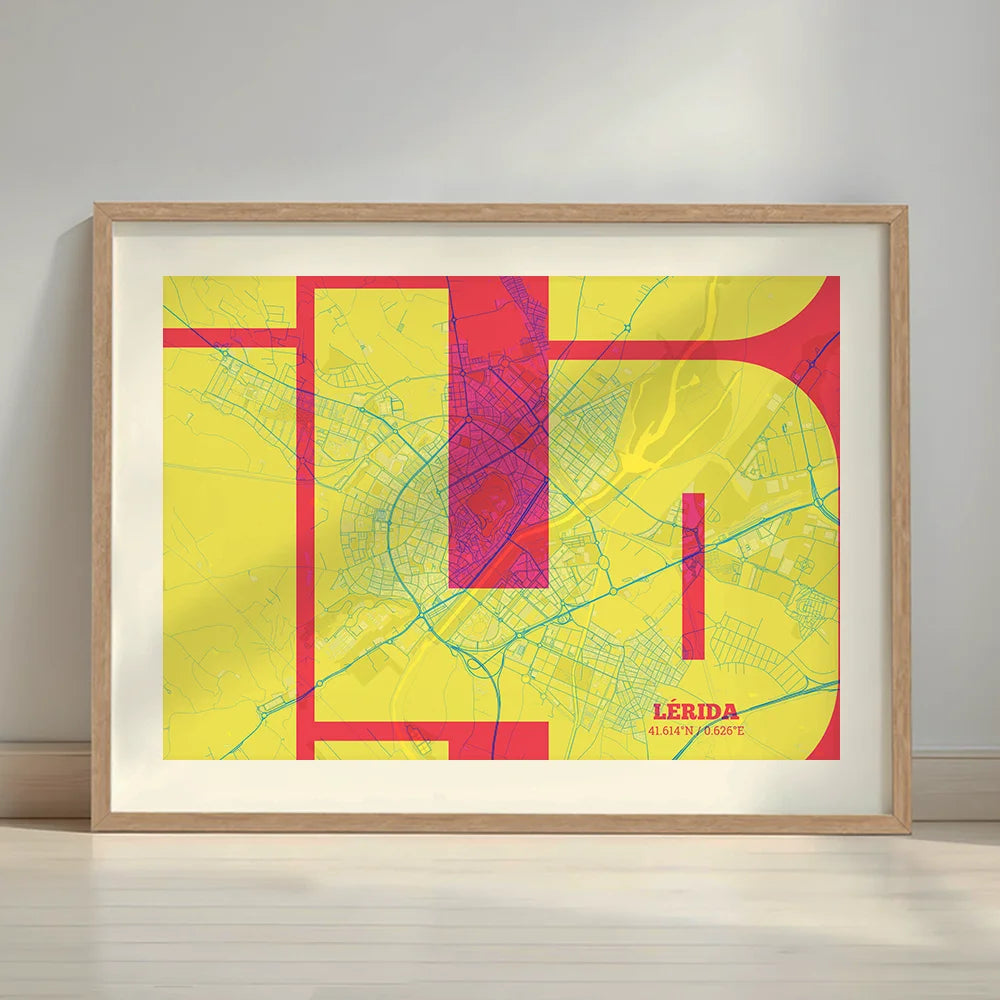 Framed Lerida in Inseparable design, featuring the city's abbreviation in expressive typography over a detailed urban map designed in yellow and fuchsia with a white margin border in a warm lit minimalist setting