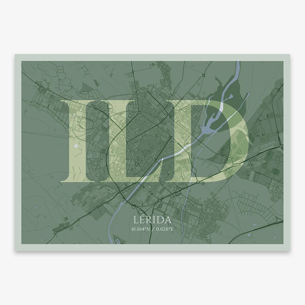 Decorative map of Lerida composed with letters in serif font printed on two green tones