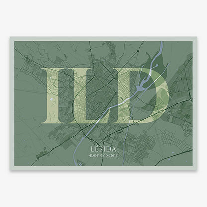 Decorative map of Lerida composed with letters in serif font printed on two green tones