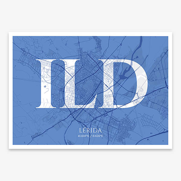 Decorative map of Lerida composed with letters in serif font printed on navy blue and white