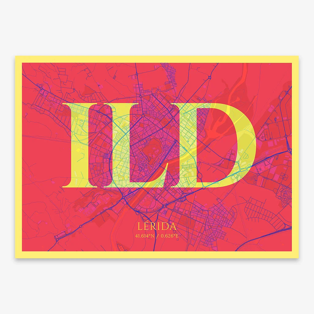 Decorative map of Lerida composed with letters in serif font printed on yellow and fuchsia