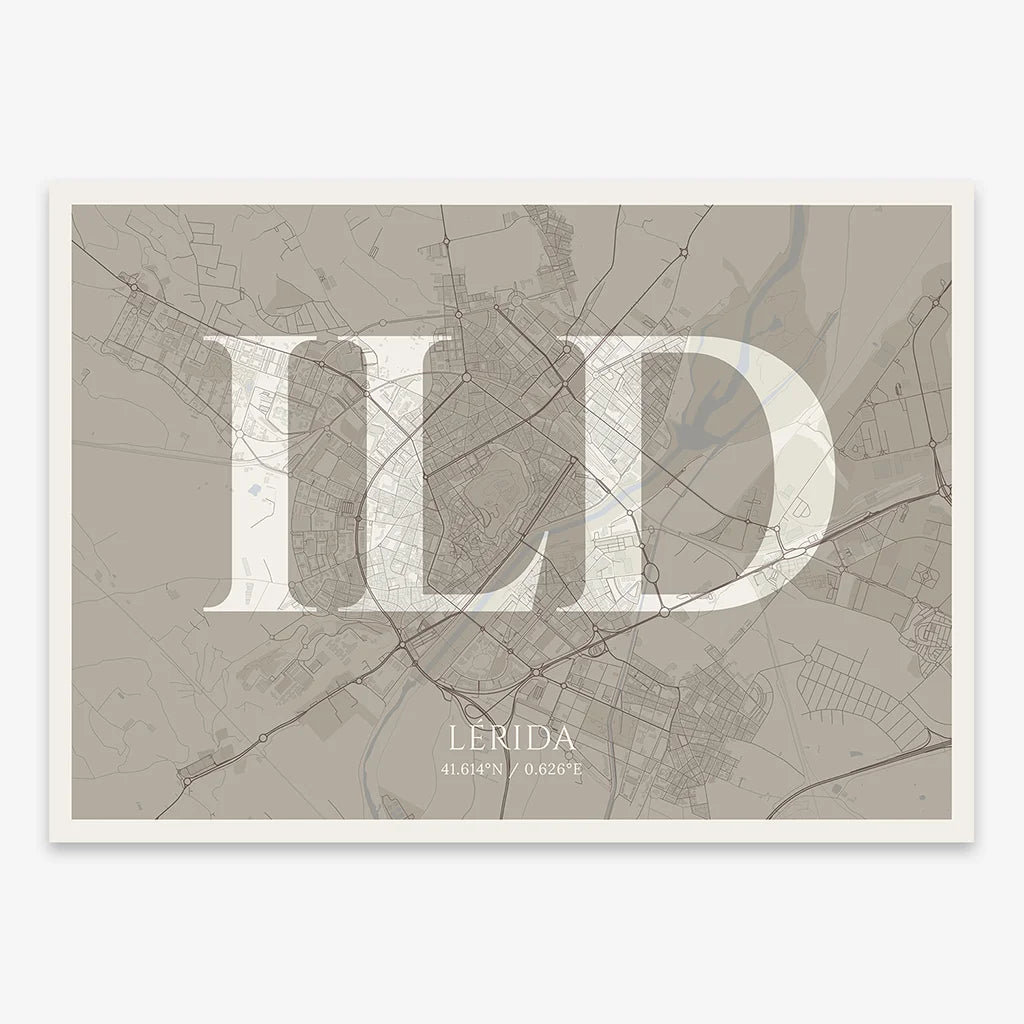 Decorative map of Lerida composed with letters in serif font printed on light brown and an off-white background