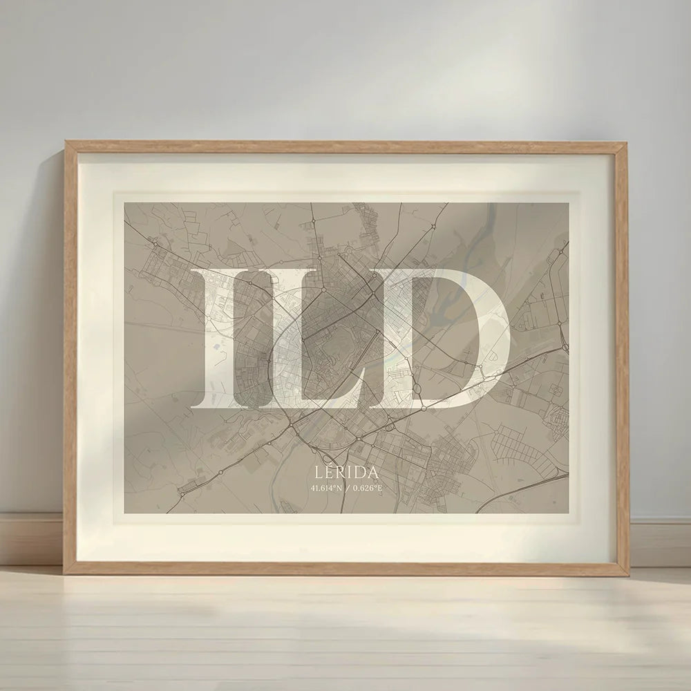 Framed Lerida in Classic design, inspired by chiseled typography with an elegant font that creates a beautiful visual contrast designed in light brown and an off-white background with a white margin border in a warm lit minimalist setting