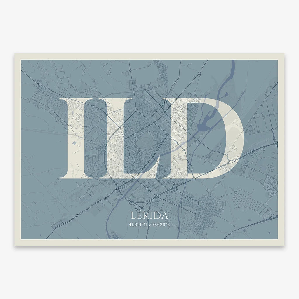 Decorative map of Lerida composed with letters in serif font printed on bluish gray and an off-white background