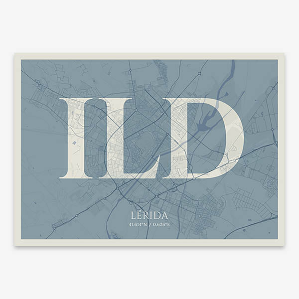 Decorative map of Lerida composed with letters in serif font printed on bluish gray and an off-white background