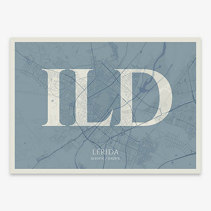 Decorative map of Lerida composed with letters in serif font printed on bluish gray and an off-white background