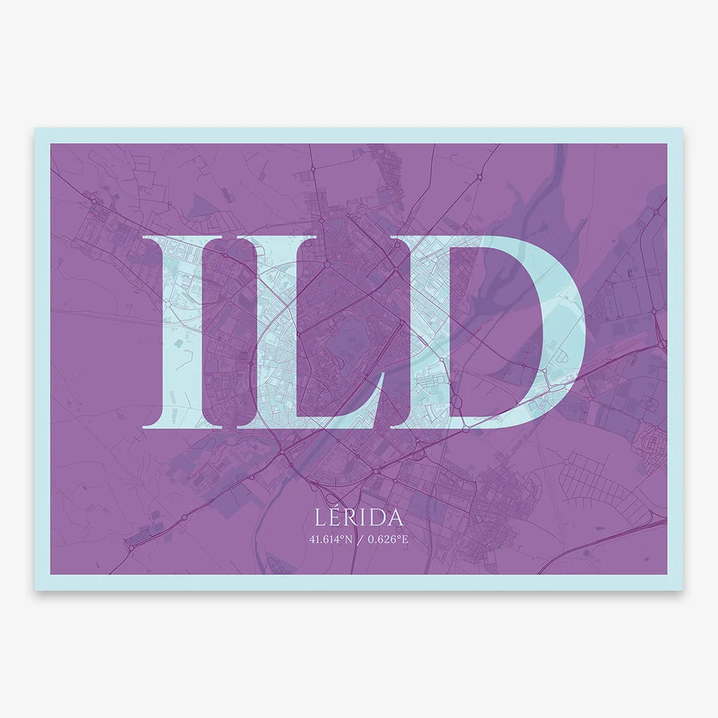Decorative map of Lerida composed with letters in serif font printed on purple and light blue