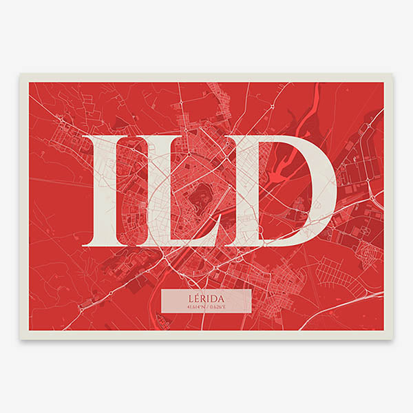 Decorative map of Lerida composed with letters in serif font printed on red and an off-white background