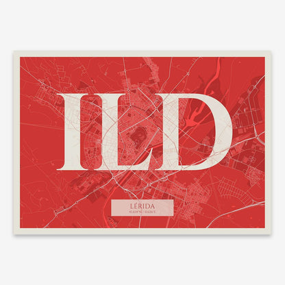 The map of Lerida composed with letters in serif font printed on red and an off-white background