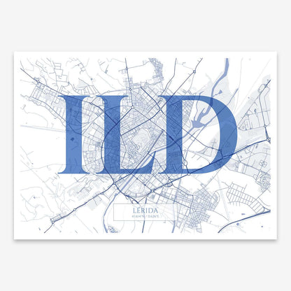 The map of Lerida composed with letters in serif font printed on navy blue and white