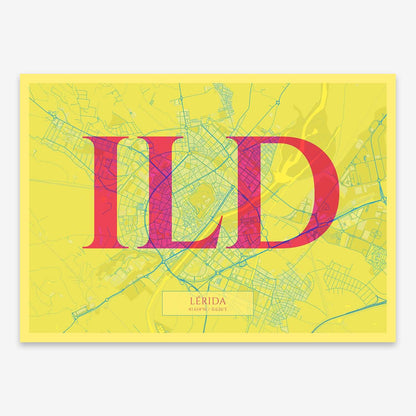 The map of Lerida composed with letters in serif font printed on yellow and fuchsia