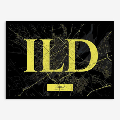 The map of Lerida composed with letters in serif font printed on black and yellow