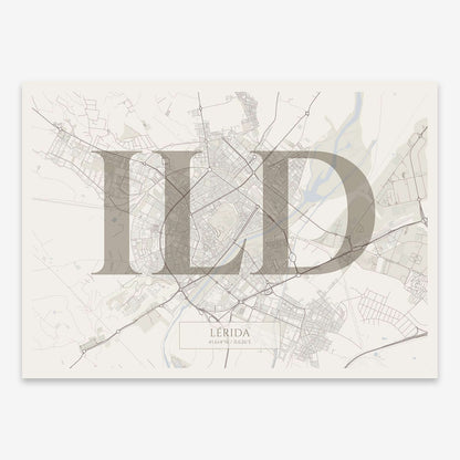 The map of Lerida composed with letters in serif font printed on light brown and an off-white background