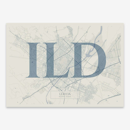 The map of Lerida composed with letters in serif font printed on bluish gray and an off-white background
