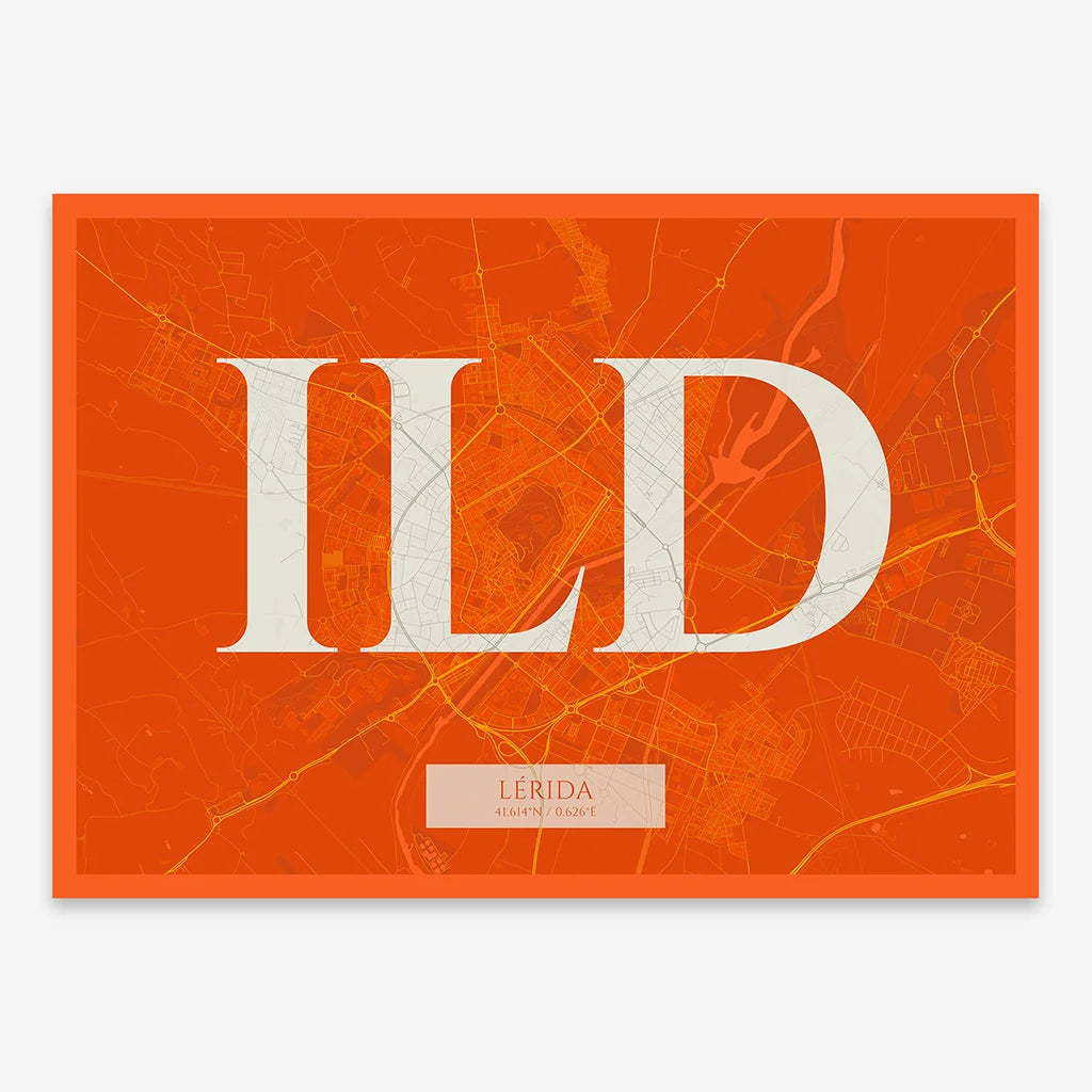 Decorative map of Lerida composed with letters in serif font printed on orange and an off-white background