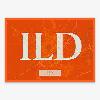 Decorative map of Lerida composed with letters in serif font printed on orange and an off-white background
