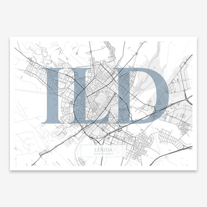 The map of Lerida composed with letters in serif font printed on black and white