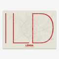 Poster of Lerida composed with letters in extra light font printed on red and an off-white background