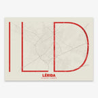 Poster of Lerida composed with letters in extra light font printed on red and an off-white background