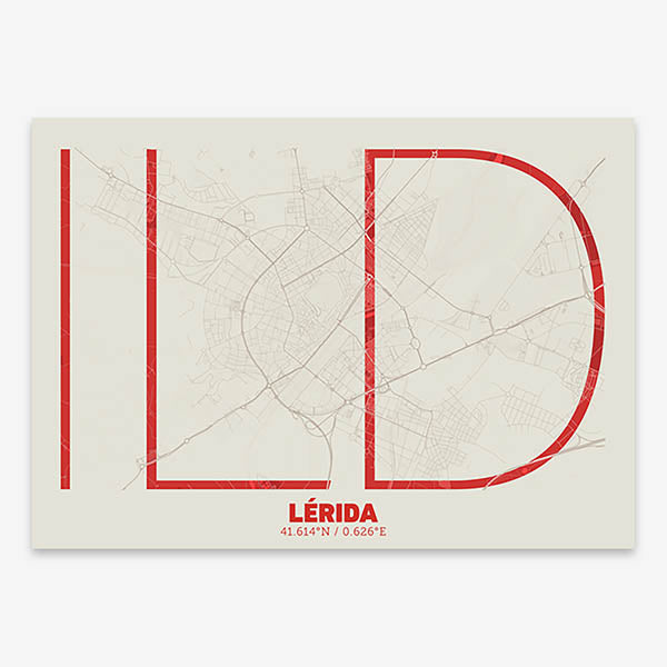 Poster of Lerida composed with letters in extra light font printed on red and an off-white background