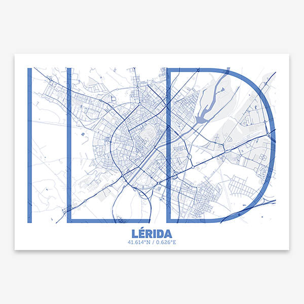 Poster of Lerida composed with letters in extra light font printed on navy blue and white