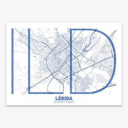Poster of Lerida composed with letters in extra light font printed on navy blue and white